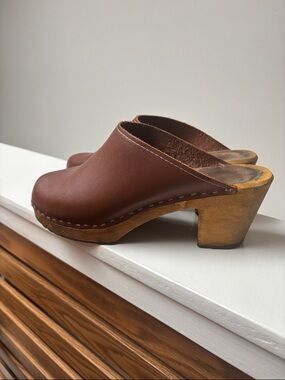 Brown Leather Clog Mule with Wooden Heel